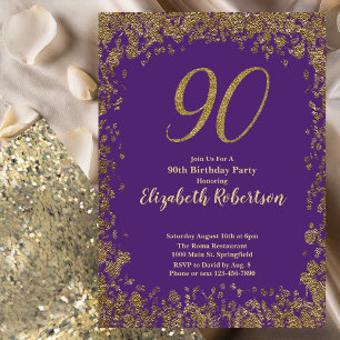 Convite Elegante Roxo e Dourado Aniversário de 90 anos