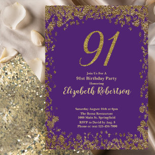 Convite Elegante Roxo e Dourado Aniversário de 91 anos