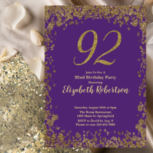 Convite Elegante Roxo e Dourado Aniversário de 92 anos