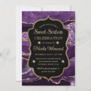 Convite Elegante Roxo e Dourado Brilho Ágata Doze Anos