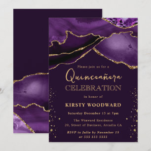 Convite Elegante Roxo e Dourado Brilho Agata Quinceanera