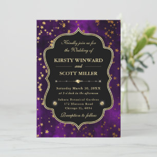 Convite Elegante Roxo e Dourado Casamento Celestial Estrel