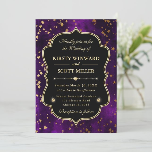 Convite Elegante Roxo e Dourado Casamento Celestial Estrel (Em pé/Frente)