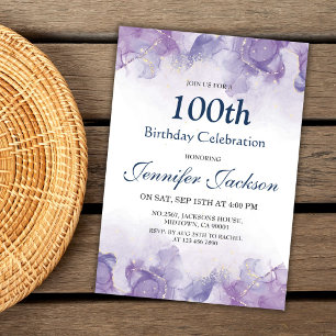Convite Elegante roxo e ouro floral 100 anos