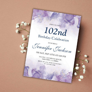 Convite Elegante roxo e ouro floral 102.º aniversário