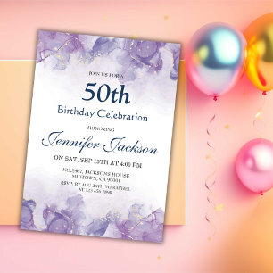 Convite Elegante roxo e ouro floral 50 anos