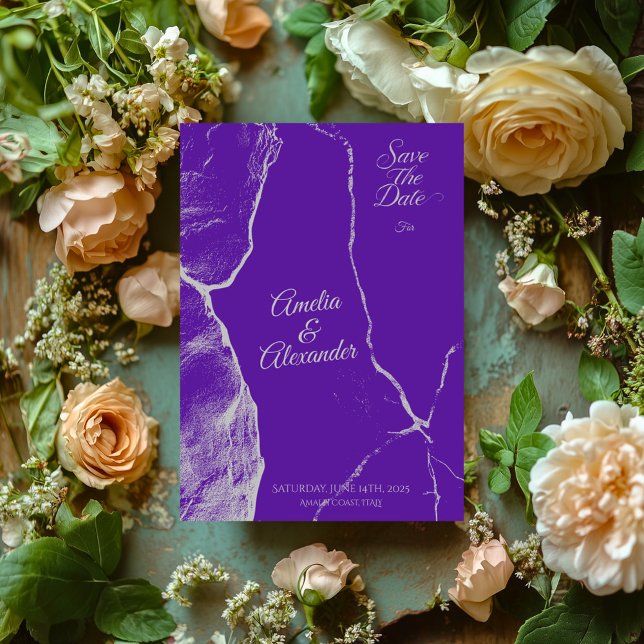 Convite Elegante Roxo e Prata em Mármore para Salvar a Dat (Criador carregado)