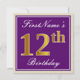 Convite Elegante, Roxo, Faux Dourado 12 Aniversário + Nome