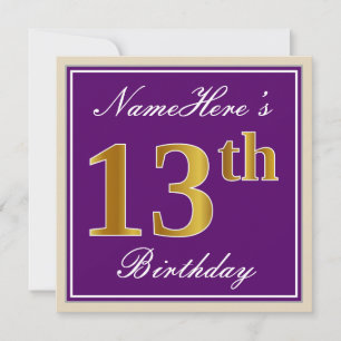 Convite Elegante, Roxo, Faux Dourado 13 Aniversário + Nome
