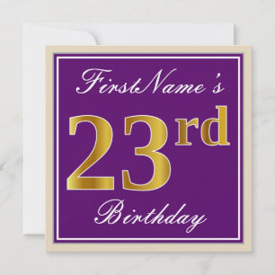 Convite Elegante, Roxo, Faux Dourado 23º Aniversário + Nom