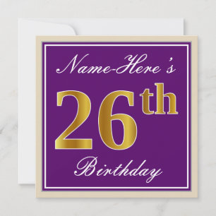 Convite Elegante, Roxo, Faux Dourado 26º Aniversário + Nom