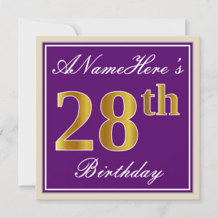 Convite Elegante, Roxo, Faux Dourado 28º Aniversário + Nom