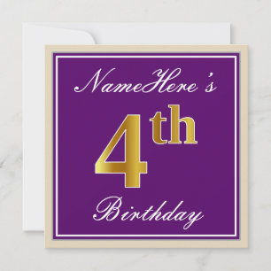 Convite Elegante, Roxo, Faux Dourado 4º Aniversário + No