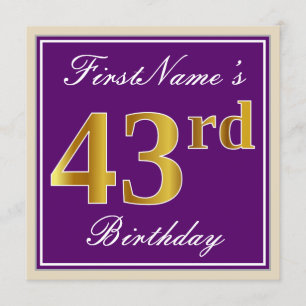Convite Elegante, Roxo, Faux Dourado 43º Aniversário + Nom