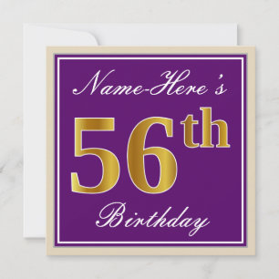Convite Elegante, Roxo, Faux Dourado 56º Aniversário + Nom