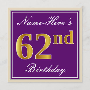 Convite Elegante, Roxo, Faux Dourado 62º Aniversário + Nom