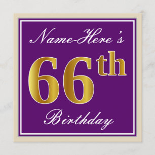 Convite Elegante, Roxo, Faux Dourado 66º Aniversário + N