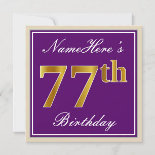 Convite Elegante, Roxo, Faux Dourado 77º Aniversário + Nom