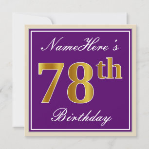 Convite Elegante, Roxo, Faux Dourado 78º Aniversário + N