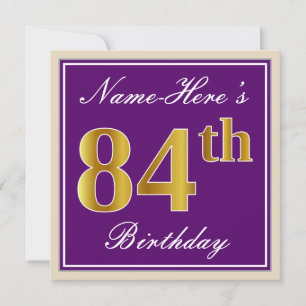 Convite Elegante, Roxo, Faux Dourado 84º Aniversário + Nom