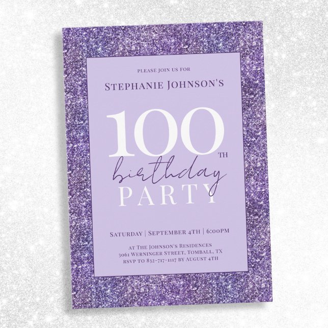 Convite Elegante Roxo Glitter 100ª Festa de aniversário (Elegant Purple Glitter 100th Birthday Party Invitation)