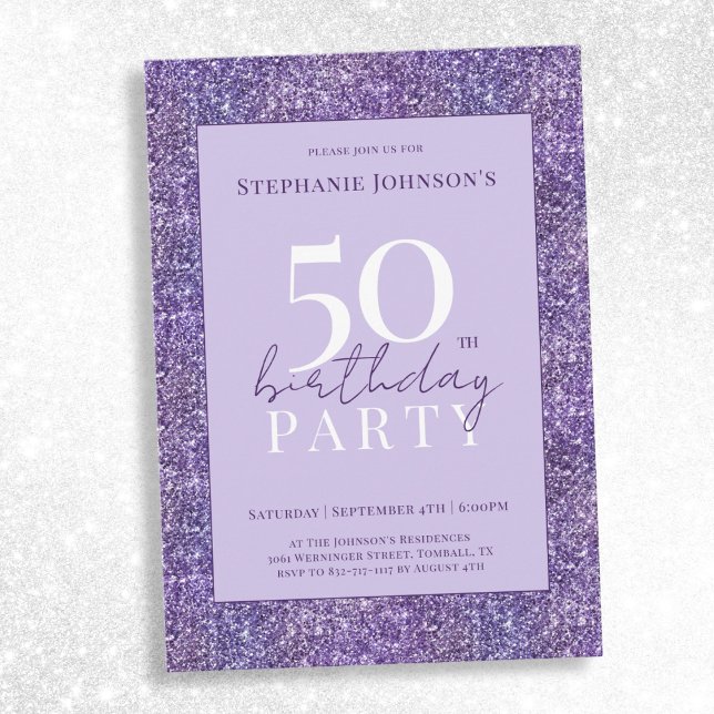 Convite Elegante Roxo Glitter 50ª Festa de aniversário (Elegant Purple Glitter 50th Birthday Party Invitation)