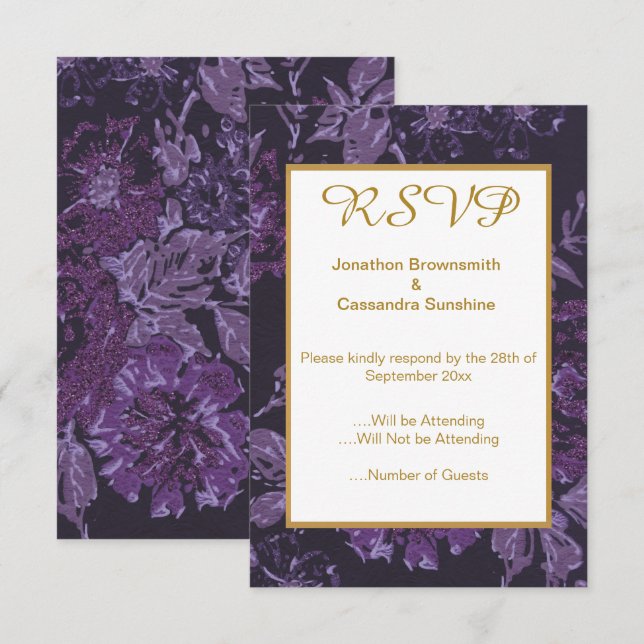 CONVITE ELEGANTE ROXO PRETO FLORAL VINTAGE RSVP (Frente/Verso)