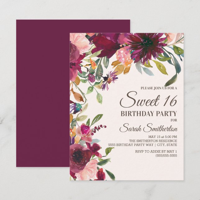 Convite Elegante Roxo Rosa Dourado Floral Script Doce 16 (Frente/Verso)