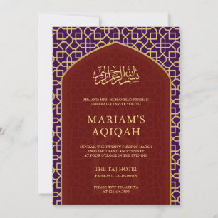 Convite Elegante Roxo Vermelho Dourado do Mihrab Aqiqah Is