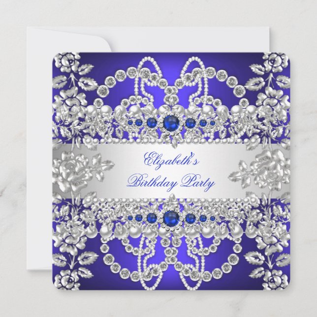 Convite Elegante Royal Blue Diamantes Silver Floral Birthd (Frente)