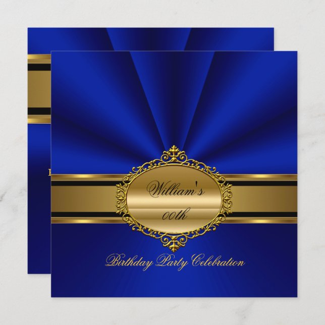 Convite Elegante Royal Blue Dourado Mens Mans (Frente/Verso)