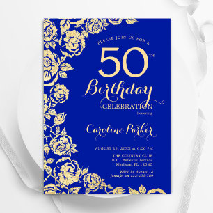Convite Elegante Royal Blue Dourado Rosas 50º aniversário