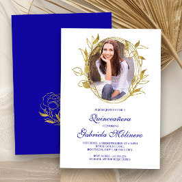 Convite Elegante Royal Blue e Dourada Photo Quinceanera