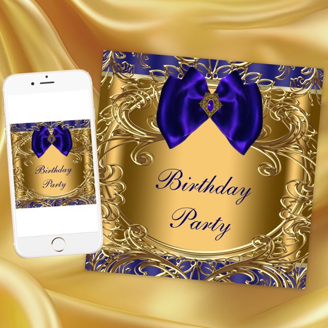 Convite Elegante Royal Blue e Festa de aniversário Dourada (Any event invitation. Instant download and printed invitations available.)