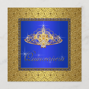 Convite Elegante Royal Blue e Quinceanera Dourada