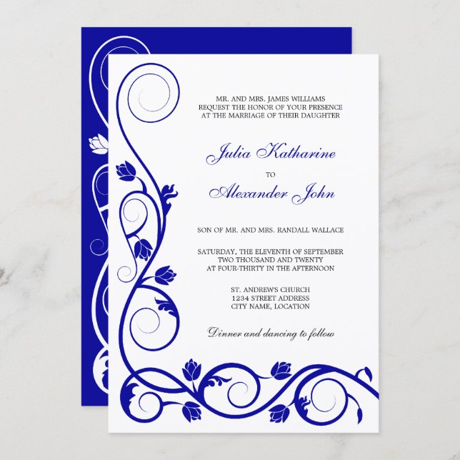 Convite Elegante Royal Blue e White Swirls (Frente/Verso)