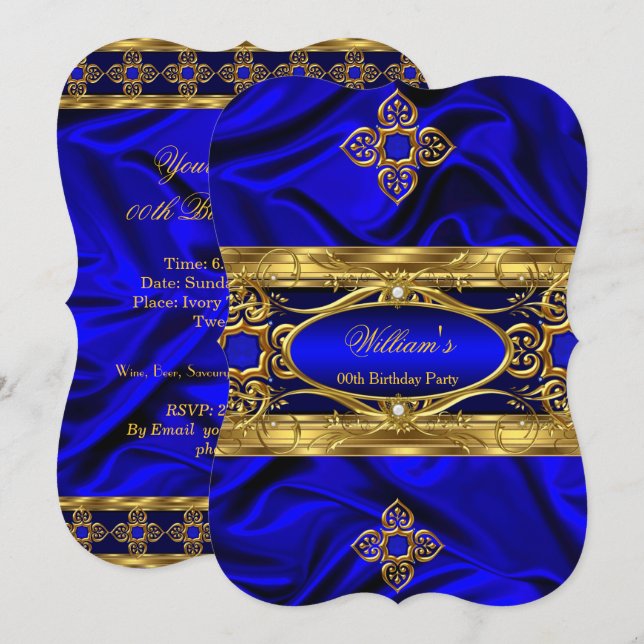 Convite Elegante Royal Blue Gems Silk Festa de aniversário (Frente/Verso)