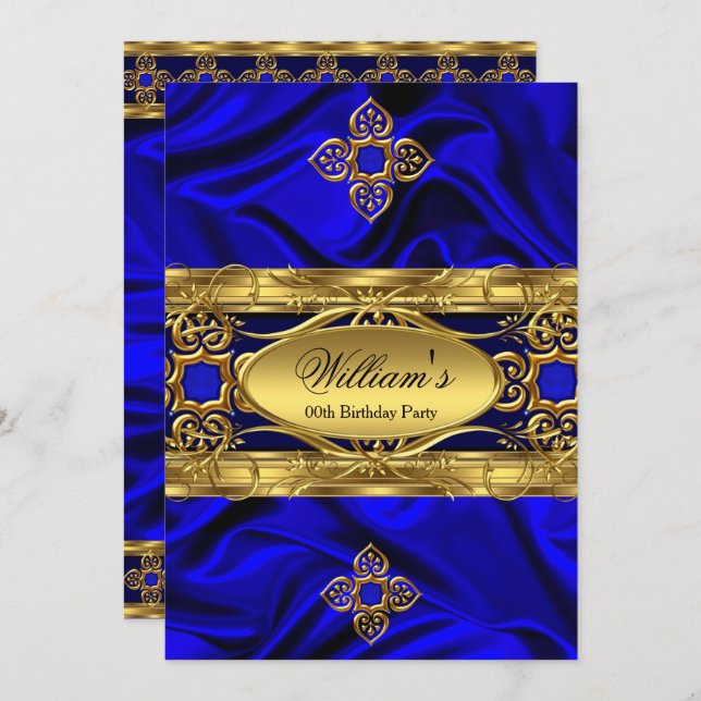 Convite Elegante Royal Blue Gems Silk Festa de aniversário (Frente/Verso)