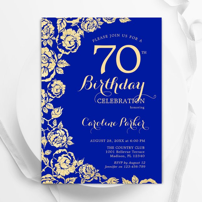 Convite Elegante Royal Blue Rosa 70 Aniversário (Criador carregado)