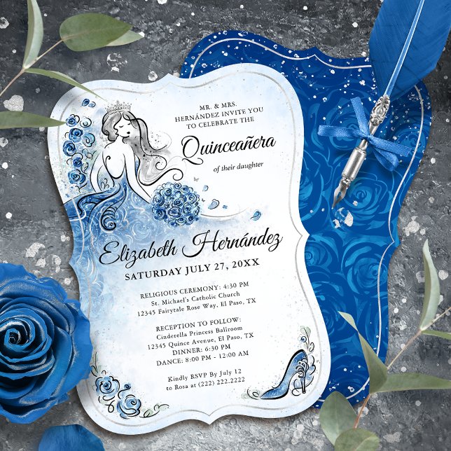 Convite Elegante Royal Blue Silver Princess Quince Birthda (Royal blue and silver princess invitations to bring a touch of fairy tale magic to your quince.)