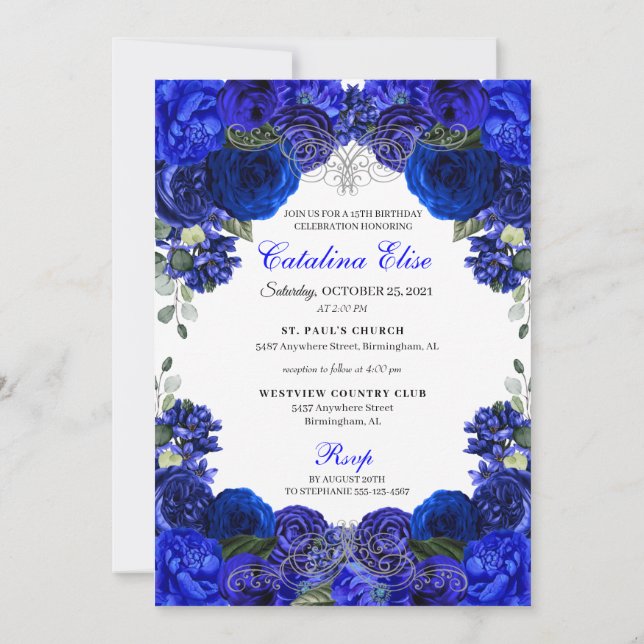 Convite Elegante Royal Blue Silver Quinceanera Birthday In (Verso)