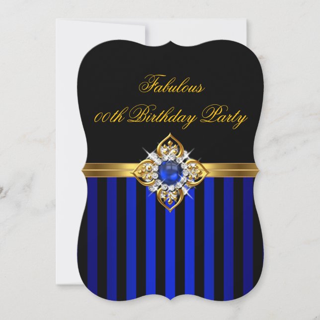 Convite Elegante Royal Blue Stripe Dourado Pearl Aniversár (Frente)