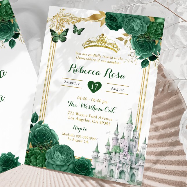 Convite Elegante Royal Castle Green Floral Quinceañera (Criador carregado)