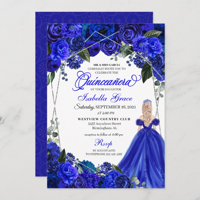 Convite Elegante Royal Floral Quinceanera Birthday Inv (Frente/Verso)