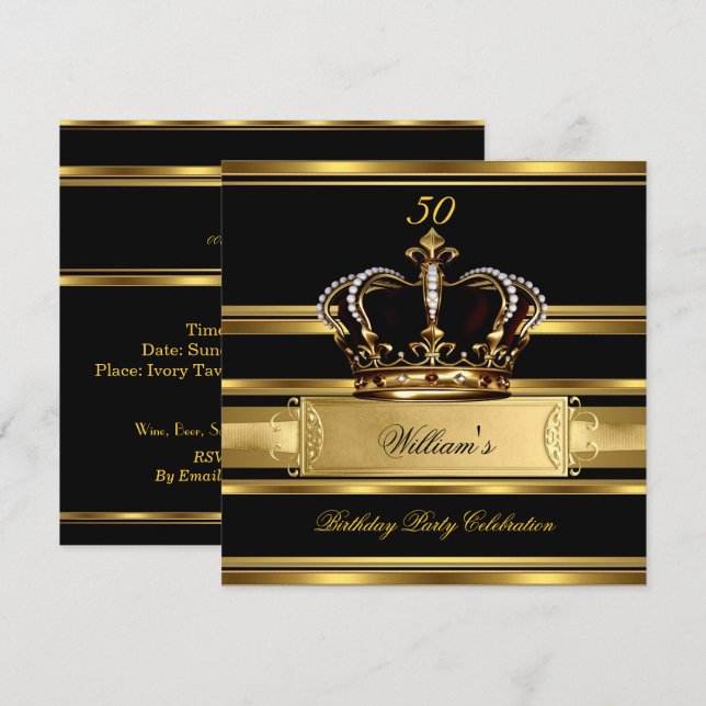 Convite Elegante Royal Preto Dourado Aniversário Príncipe  (Frente/Verso)