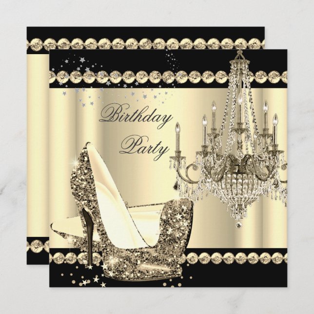 Convite Elegante Royal Sepia Dourada Cream Chandelier Part (Frente/Verso)