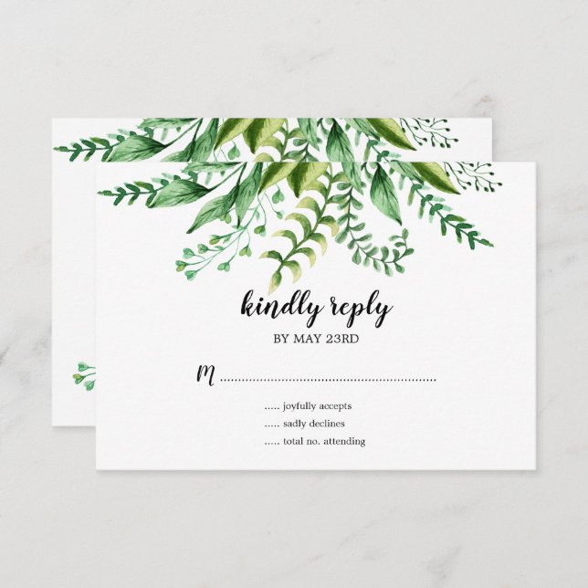 Convite Elegante RSVP de Casamento Botânico em Aquarela Ve (Frente/Verso)
