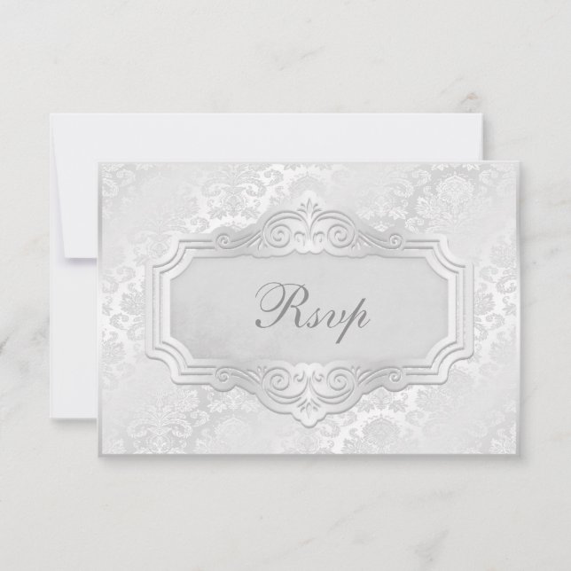 Convite Elegante RSVP de Casamento em Damasco Prateado (Frente)