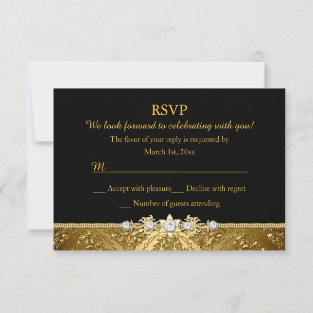 Convite Elegante RSVP em Damasco Preto e Dourado (Frente)