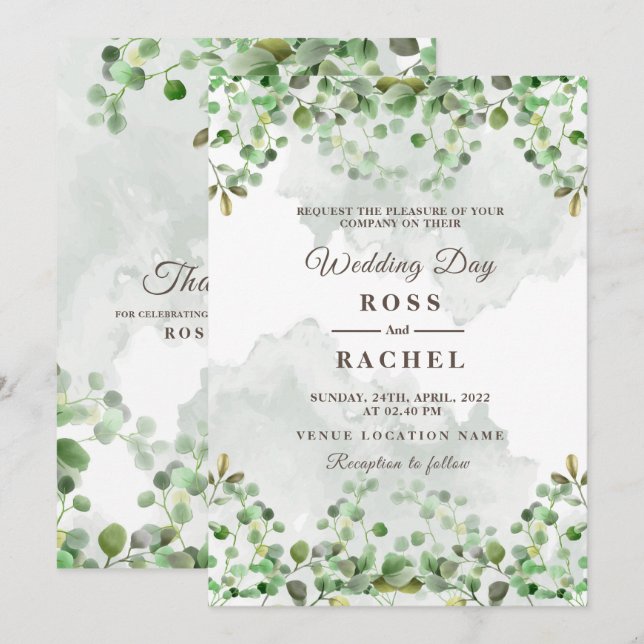 Convite Elegante Russo Eucalyptus Deixa Casamento Verde (Frente/Verso)